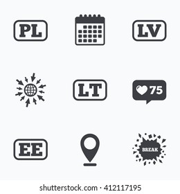 Calendar, like counter and go to web icons. Language icons. PL, LV, LT and EE translation symbols. Poland, Latvia, Lithuania and Estonia languages. Location pointer.