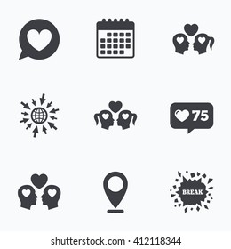 Calendar, like counter and go to web icons. Couple love icon. Lesbian and Gay lovers signs. Romantic homosexual relationships. Speech bubble with heart symbol. Location pointer.