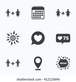Calendar, like counter and go to web icons. Couple love icon. Lesbian and Gay lovers signs. Romantic homosexual relationships. Speech bubble with heart symbol. Location pointer.