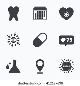 Calendar, like counter and go to web icons. Maternity icons. Pill, tooth, chemistry and heart signs. Blood donation symbol. Lab bulb with drops. Dental care. Location pointer.