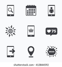 Calendar, like counter and go to web icons. Phone icons. Smartphone video call sign. Search, online shopping symbols. Outcoming call. Location pointer.