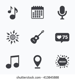 Calendar, like counter and go to web icons. Music icons. Microphone karaoke symbol. Music notes and acoustic guitar signs. Location pointer.