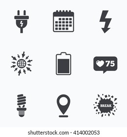 Calendar, like counter and go to web icons. Electric plug icon. Fluorescent lamp and battery symbols. Low electricity and idea signs. Location pointer.
