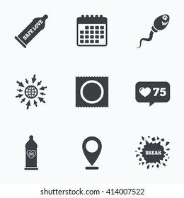 Calendar, like counter and go to web icons. Safe sex love icons. Condom in package symbol. Sperm sign. Fertilization or insemination. Heart symbol. Location pointer.