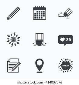 Calendar, like counter and go to web icons. Pencil icon. Edit document file. Eraser sign. Correct drawing symbol. Location pointer.