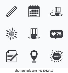 Calendar, like counter and go to web icons. Pencil icon. Edit document file. Eraser sign. Correct drawing symbol. Location pointer.