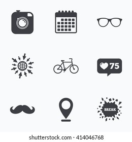 Calendar, like counter and go to web icons. Hipster photo camera with mustache icon. Glasses symbol. Bicycle family vehicle sign. Location pointer.