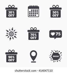 Calendar, like counter and go to web icons. Sale gift box tag icons. Discount special offer symbols. 30%, 50%, 70% and 90% percent off signs. Location pointer.