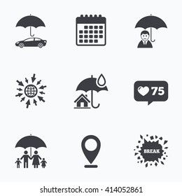 Calendar, like counter and go to web icons. Family, Real estate or Home insurance icons. Life insurance and umbrella symbols. Car protection sign. Location pointer.
