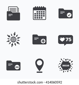 Calendar, like counter and go to web icons. Accounting binders icons. Add or remove document folder symbol. Bookkeeping management with checkbox. Location pointer.
