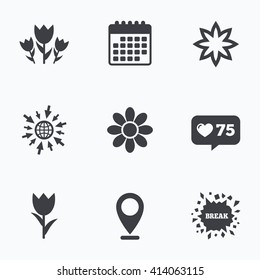 Calendar, like counter and go to web icons. Flowers icons. Bouquet of roses symbol. Flower with petals and leaves. Location pointer.