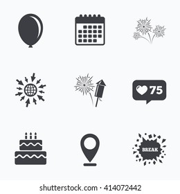 Calendar, like counter and go to web icons. Birthday party icons. Cake and gift box signs. Air balloon and fireworks symbol. Location pointer.