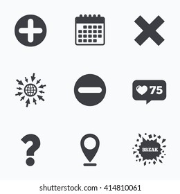 Calendar, like counter and go to web icons. Plus and minus icons. Delete and question FAQ mark signs. Enlarge zoom symbol. Location pointer.