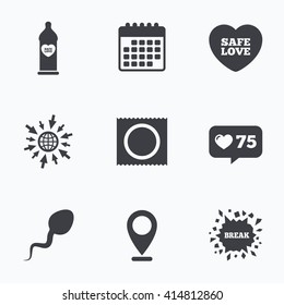 Calendar, like counter and go to web icons. Safe sex love icons. Condom in package symbol. Sperm sign. Fertilization or insemination. Location pointer.