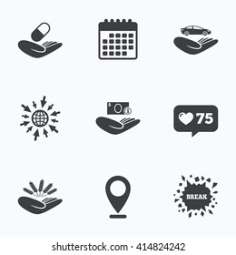 Calendar, like counter and go to web icons. Helping hands icons. Protection and insurance symbols. Save money, car and health medical insurance. Agriculture wheat sign. Location pointer.