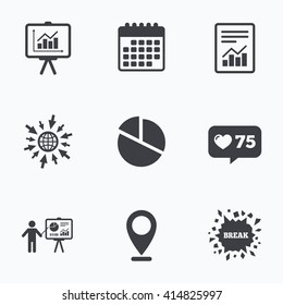 Calendar, Like Counter And Go To Web Icons. File Document With Diagram. Pie Chart Icon. Presentation Billboard Symbol. Supply And Demand. Location Pointer.