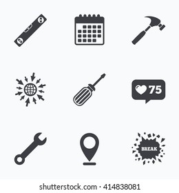 Calendar, like counter and go to web icons. Screwdriver and wrench key tool icons. Bubble level and hammer sign symbols. Location pointer.