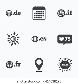 Calendar, like counter and go to web icons. Top-level internet domain icons. De, It, Es and Fr symbols with globe. Unique national DNS names. Location pointer.