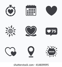 Calendar, like counter and go to web icons. Heart ribbon icon. Timer stopwatch symbol. Love and Heartbeat palpitation signs. Location pointer.
