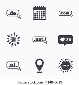 Calendar, like counter and go to web icons. Top-level internet domain icons. De, Com, Net and Nl symbols with cursor pointer. Unique national DNS names. Location pointer.