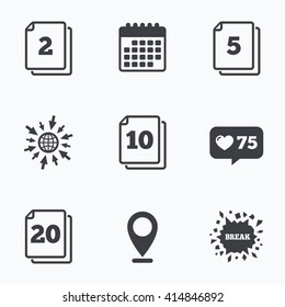 Calendar, like counter and go to web icons. In pack sheets icons. Quantity per package symbols. 2, 5, 10 and 20 paper units in the pack signs. Location pointer.