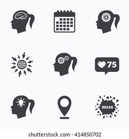 Calendar, like counter and go to web icons. Head with brain and idea lamp bulb icons. Female woman think symbols. Cogwheel gears signs. Location pointer.