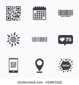 Calendar, like counter and go to web icons. Bar and Qr code icons. Scan barcode in smartphone symbols. Location pointer.