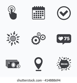 Calendar, like counter and go to web icons. ATM cash machine withdrawal icons. Click here, check PIN number, processing and cash withdrawal symbols. Location pointer.
