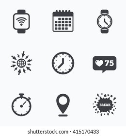 Calendar, Like Counter And Go To Web Icons. Smart Watch Wi-fi Icons. Mechanical Clock Time, Stopwatch Timer Symbols. Wrist Digital Watch Sign. Location Pointer.