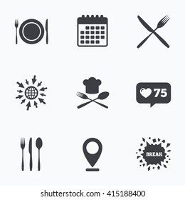 Calendar, like counter and go to web icons. Plate dish with forks and knifes icons. Chief hat sign. Crosswise cutlery symbol. Dining etiquette. Location pointer.