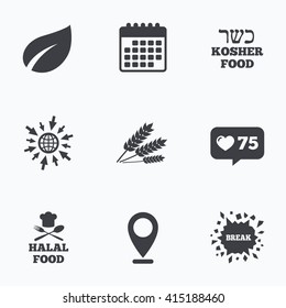 Calendar, like counter and go to web icons. Natural food icons. Halal and Kosher signs. Gluten free. Chief hat with fork and spoon symbol. Location pointer.