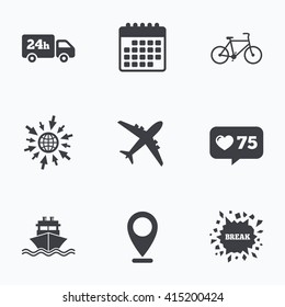 Calendar, like counter and go to web icons. Cargo truck and shipping icons. Shipping and eco bicycle delivery signs. Transport symbols. 24h service. Location pointer.