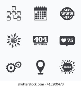 Calendar, like counter and go to web icons. Website database icon. Internet globe and gear signs. 404 page not found symbol. Under construction. Location pointer.