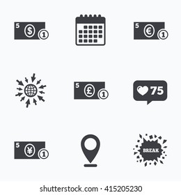 Calendar, like counter and go to web icons. Businessman case icons. Dollar, yen, euro and pound currency sign symbols. Location pointer.