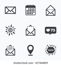 Calendar, like counter and go to web icons. Mail envelope icons. Message document symbols. Post office letter signs. Location pointer.