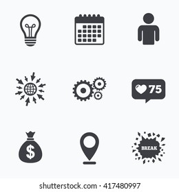 Calendar, like counter and go to web icons. Business icons. Human silhouette and lamp bulb idea signs. Dollar money bag and gear symbols. Location pointer.