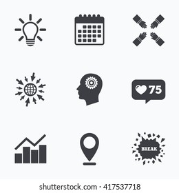 Calendar, like counter and go to web icons. Lamp idea and head with gear icons. Graph chart diagram sign. Teamwork symbol. Location pointer.