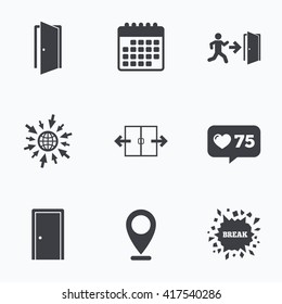 Calendar, like counter and go to web icons. Automatic door icon. Emergency exit with human figure and arrow symbols. Fire exit signs. Location pointer.