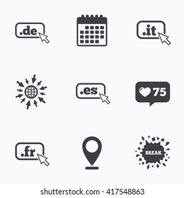 Calendar, like counter and go to web icons. Top-level internet domain icons. De, It, Es and Fr symbols with cursor pointer. Unique national DNS names. Location pointer.
