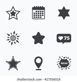 Calendar, like counter and go to web icons. Star of David icons. Sheriff police sign. Symbol of Israel. Location pointer.