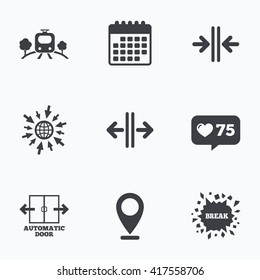 Calendar, like counter and go to web icons. Train railway icon. Overground transport. Automatic door symbol. Way out arrow sign. Location pointer.