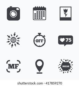 Calendar, like counter and go to web icons. Hipster retro photo camera icon. Manual focus symbols. Stopwatch timer off sign. Macro symbol. Location pointer.