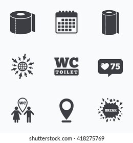 Calendar, like counter and go to web icons. Toilet paper icons. Gents and ladies room signs. Paper towel or kitchen roll. Man and woman symbols. Location pointer.