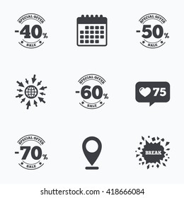 Calendar, like counter and go to web icons. Sale discount icons. Special offer stamp price signs. 40, 50, 60 and 70 percent off reduction symbols. Location pointer.