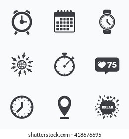 Calendar, like counter and go to web icons. Mechanical clock time icons. Stopwatch timer symbol. Wake up alarm sign. Location pointer.