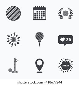 Calendar, like counter and go to web icons. Golf ball icons. Laurel wreath winner award sign. Luxury sport symbol. Location pointer.