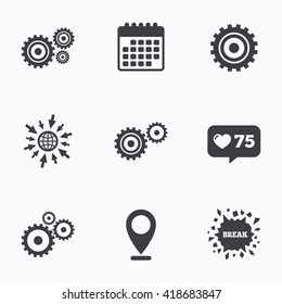 Calendar, like counter and go to web icons. Cogwheel gear icons. Mechanism symbol. Website or App settings sign. Working process performance. Location pointer.
