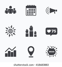 Calendar, like counter and go to web icons. Strike group of people icon. Megaphone loudspeaker sign. Election or voting symbol. Hands raised up. Location pointer.