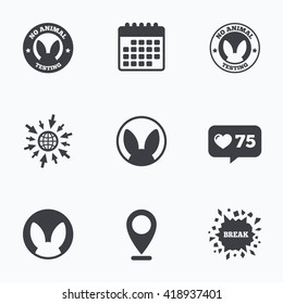 Calendar, like counter and go to web icons. No animals testing icons. Non-human experiments signs symbols. Location pointer.