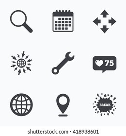 Calendar, like counter and go to web icons. Magnifier glass and globe search icons. Fullscreen arrows and wrench key repair sign symbols. Location pointer.